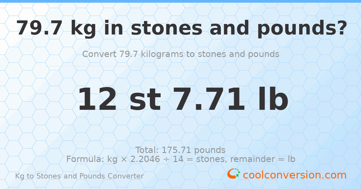 79.7 kg to stones and pounds — 79.7 kg = 12 st 7.71 lb