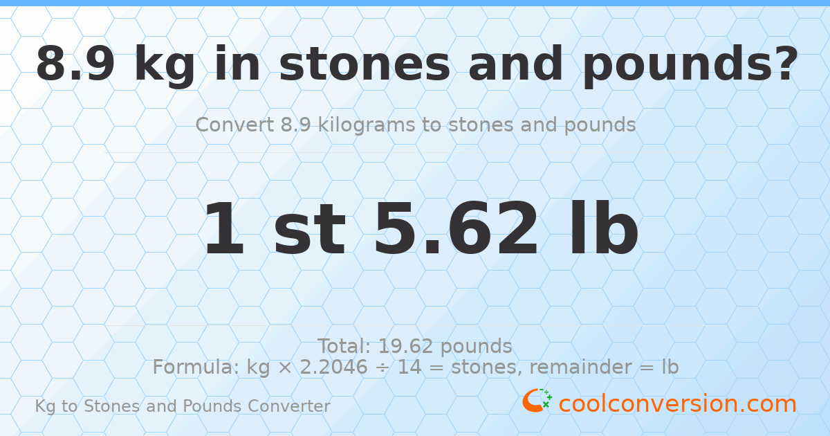 8.9 kg to stones and pounds — 8.9 kg = 1 st 5.62 lb