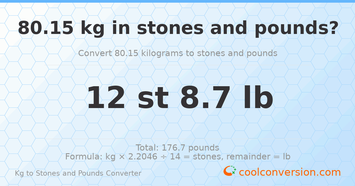 80.15 kg to stones and pounds — 80.15 kg = 12 st 8.70 lb