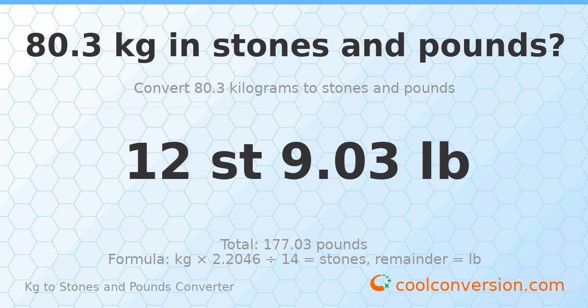 80.30 kg to stones and pounds — 80.30 kg = 12 st 9.03 lb