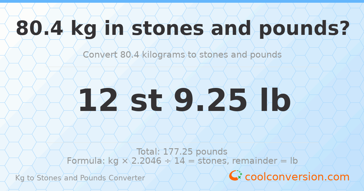 80.4 kg to stones and pounds — 80.4 kg = 12 st 9.25 lb