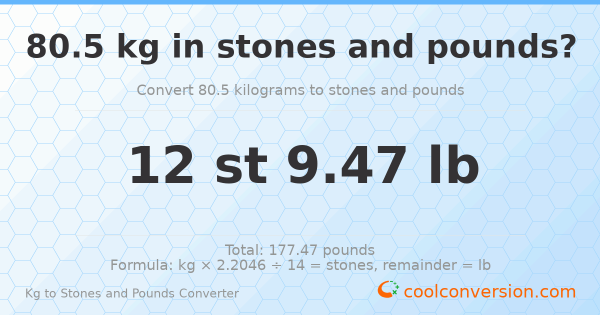 80.50 kg to stones and pounds — 80.50 kg = 12 st 9.47 lb