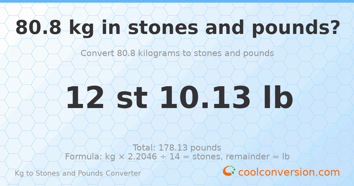 80.8 kg to stones and pounds — 80.8 kg = 12 st 10.13 lb