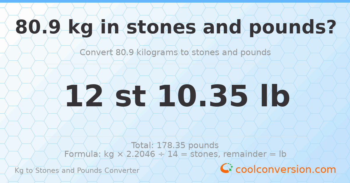 80.90 kg to stones and pounds — 80.90 kg = 12 st 10.35 lb