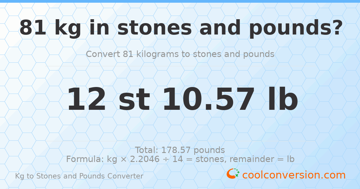 81 kg to stones and pounds — 81 kg = 12 st 10.57 lb