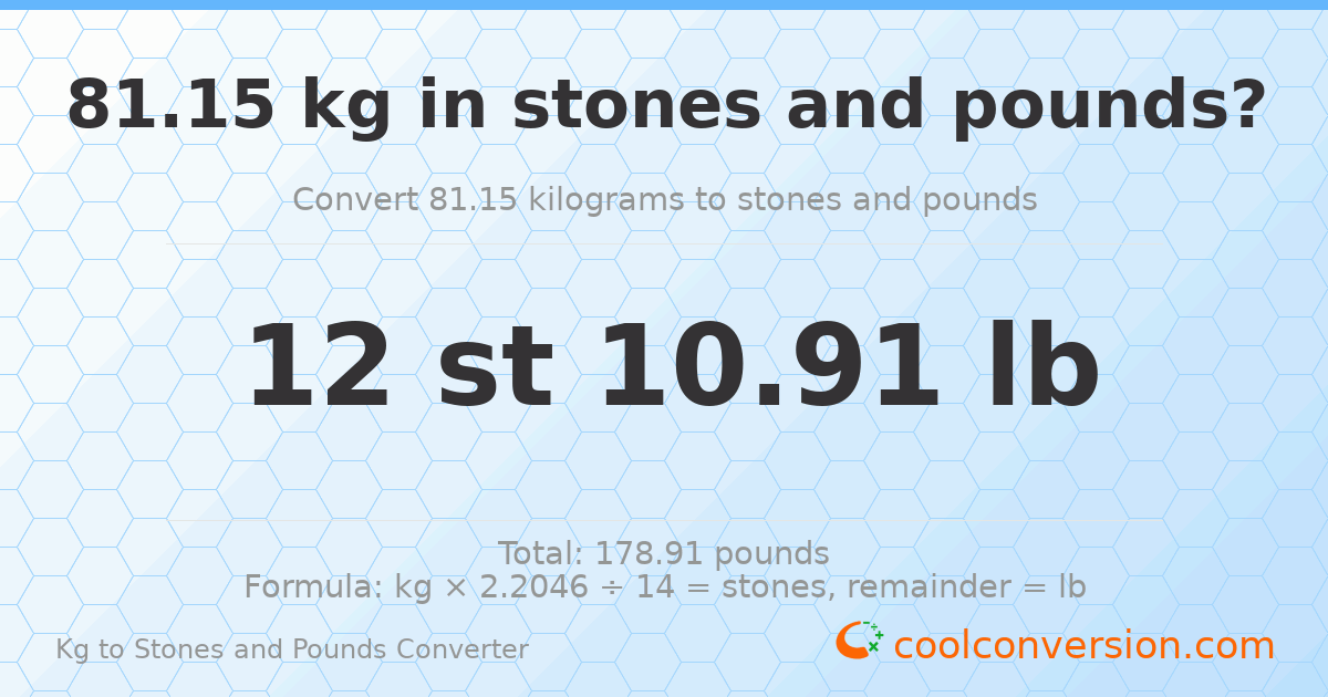 81.15 kg to stones and pounds — 81.15 kg = 12 st 10.91 lb