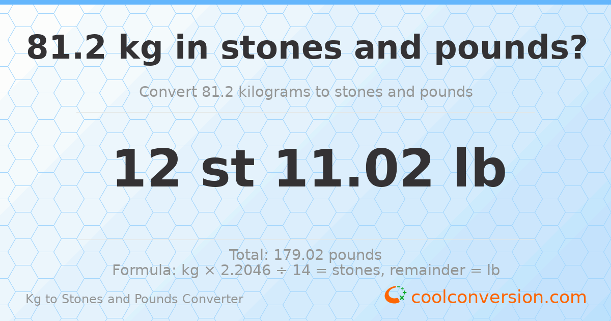81.2 kg to stones and pounds — 81.2 kg = 12 st 11.02 lb