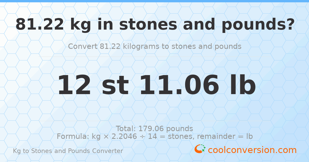 81.22 kg to stones and pounds — 81.22 kg = 12 st 11.06 lb