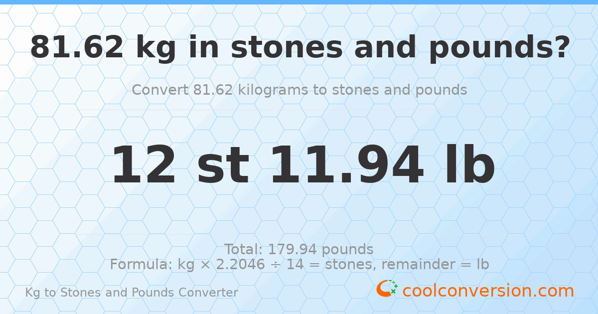81.62 kg to stones and pounds — 81.62 kg = 12 st 11.94 lb