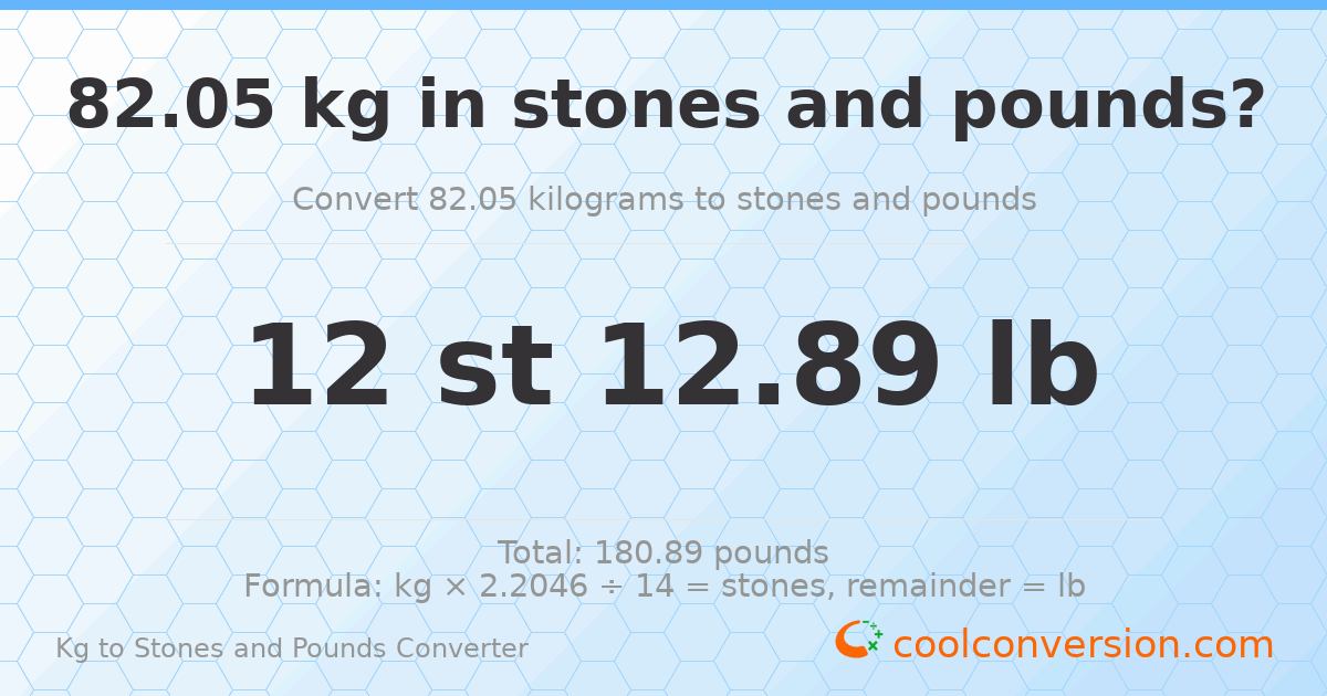 82.05 kg to stones and pounds — 82.05 kg = 12 st 12.89 lb