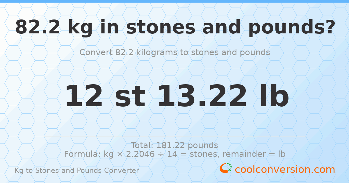 82.20 kg to stones and pounds — 82.20 kg = 12 st 13.22 lb