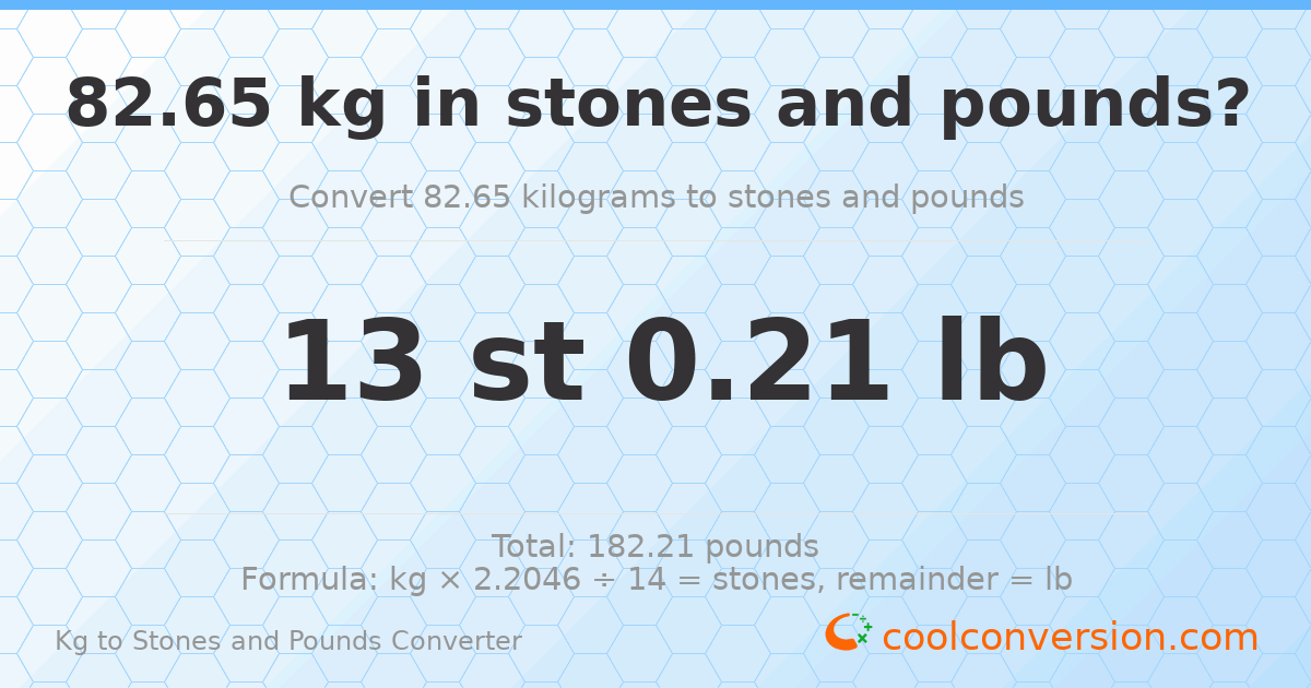 82.65 kg to stones and pounds — 82.65 kg = 13 st 0.21 lb