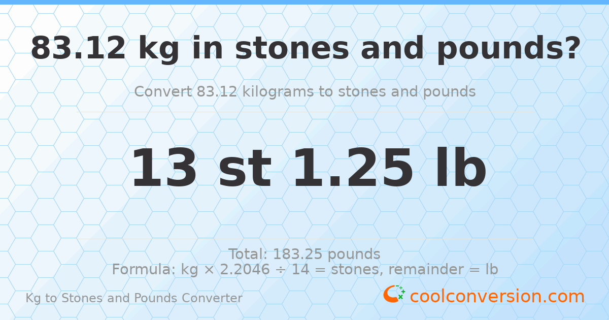 83.12 kg to stones and pounds — 83.12 kg = 13 st 1.25 lb