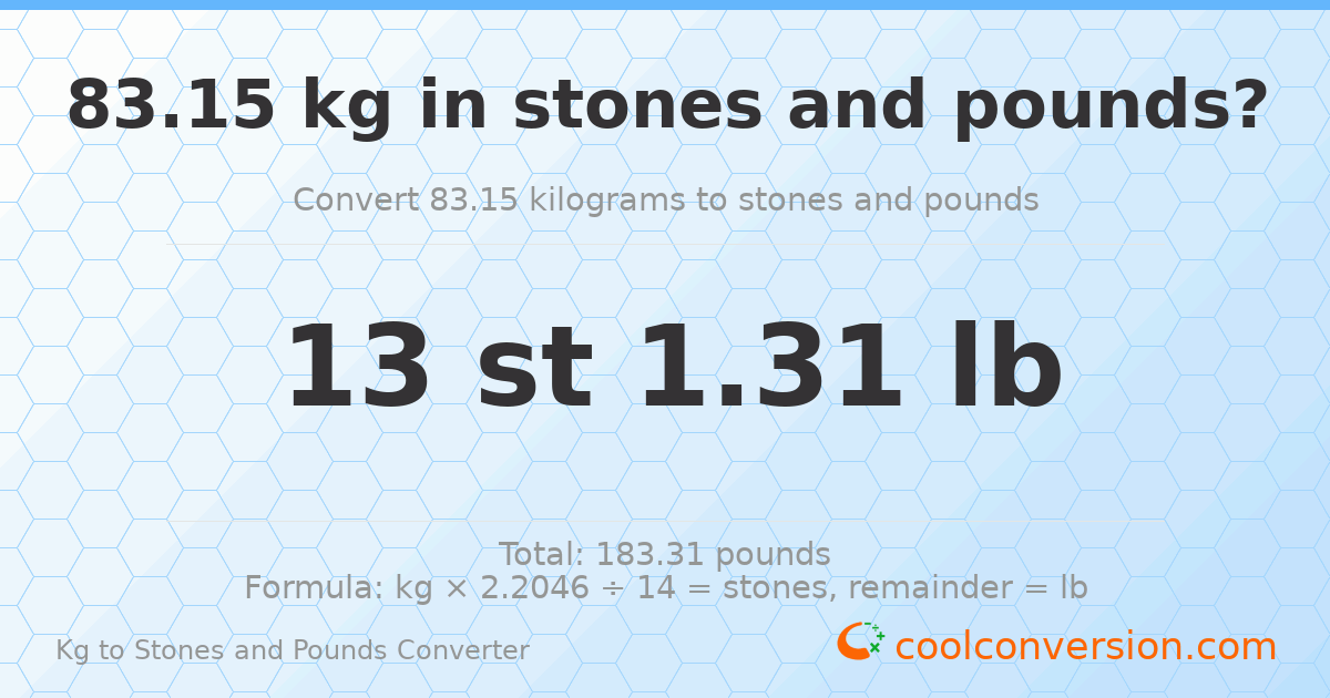 83.15 kg to stones and pounds — 83.15 kg = 13 st 1.31 lb
