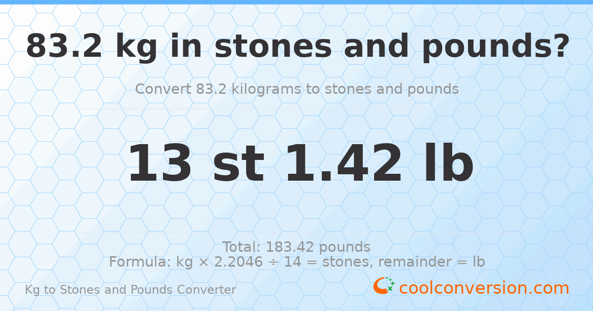 83.2 kg to stones and pounds — 83.2 kg = 13 st 1.42 lb