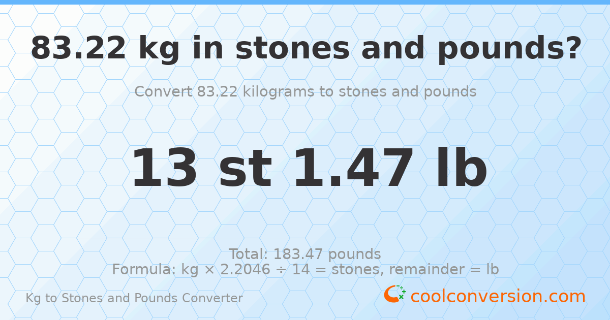 83.22 kg to stones and pounds — 83.22 kg = 13 st 1.47 lb