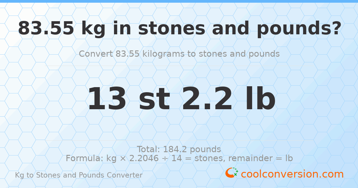83.55 kg to stones and pounds — 83.55 kg = 13 st 2.20 lb