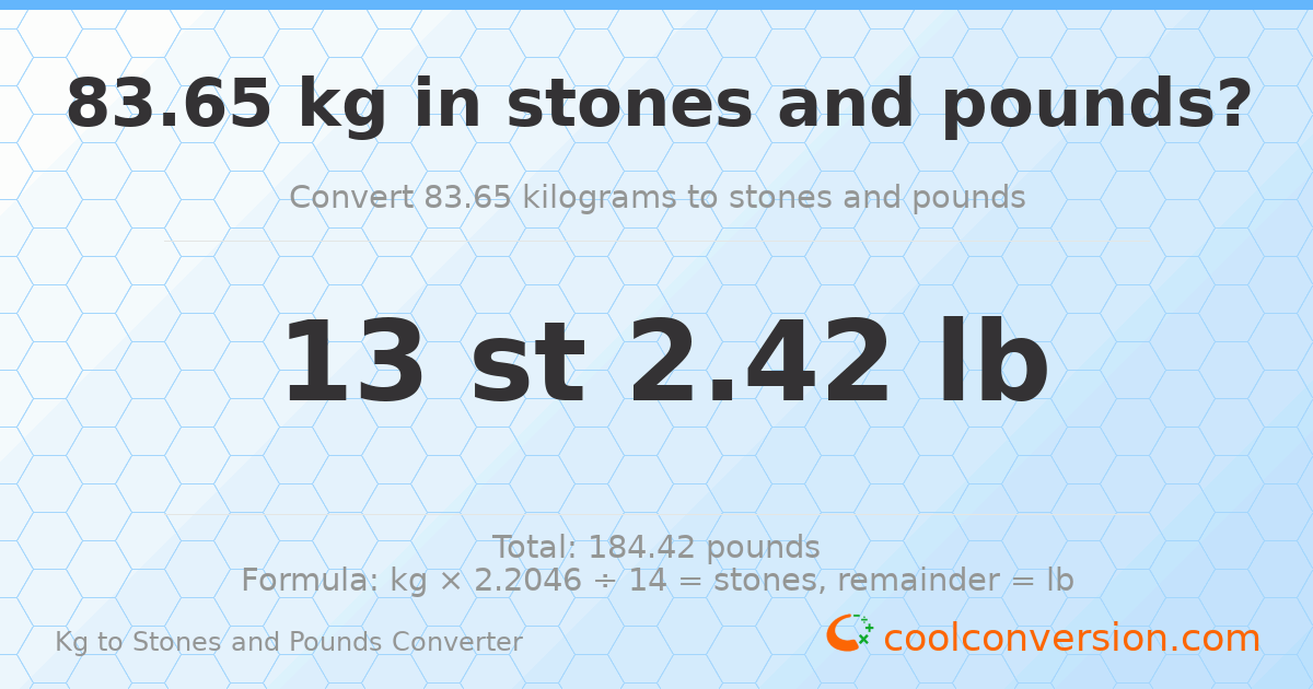 83.65 kg to stones and pounds — 83.65 kg = 13 st 2.42 lb
