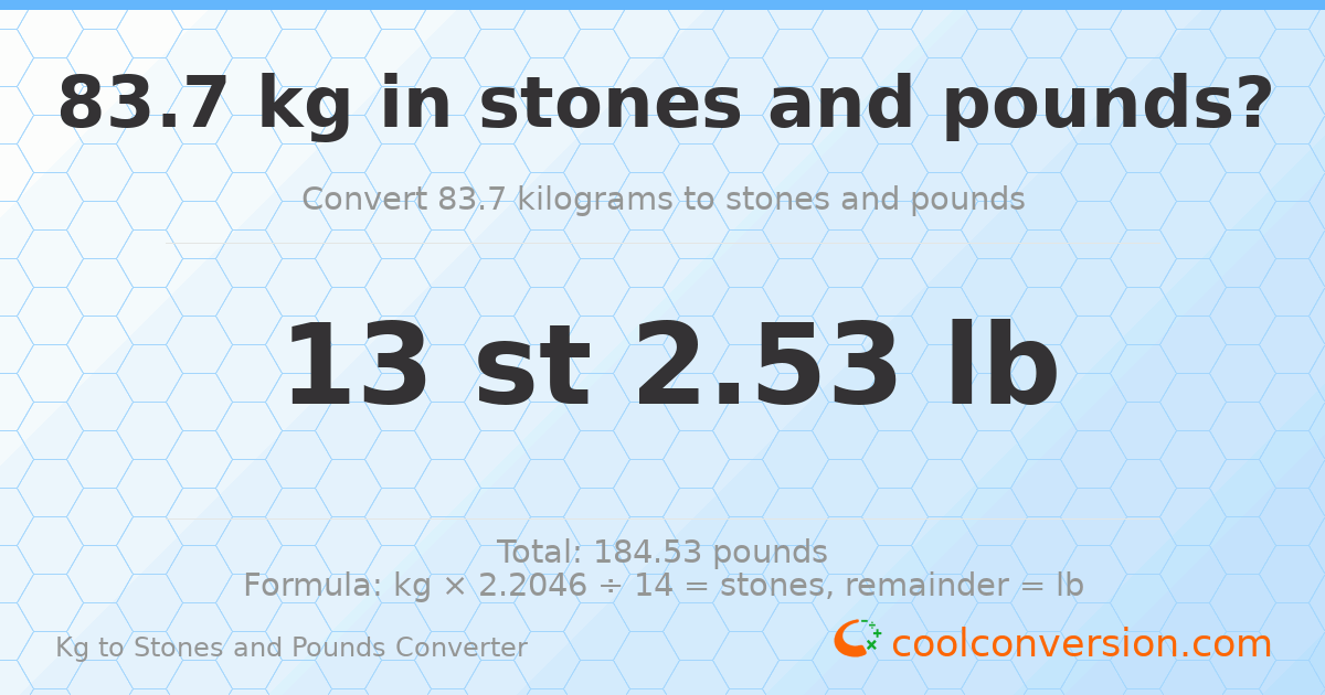 83.70 kg to stones and pounds — 83.70 kg = 13 st 2.53 lb