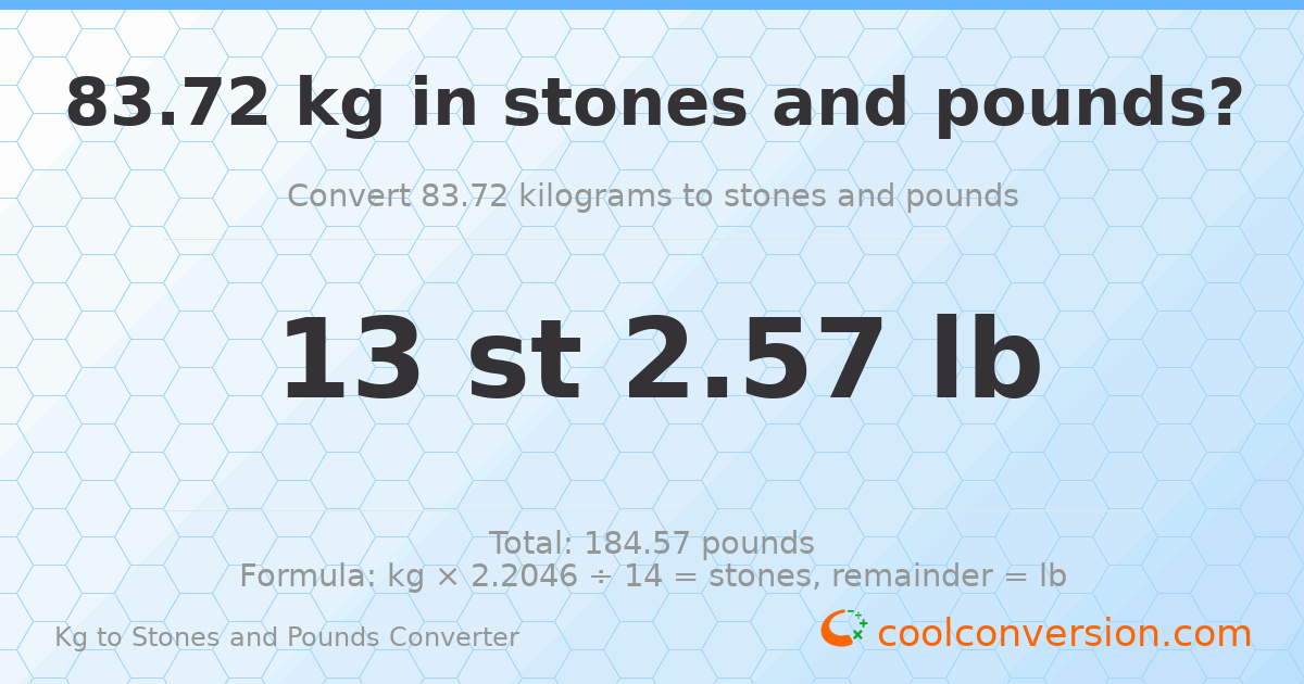 83.72 kg to stones and pounds — 83.72 kg = 13 st 2.57 lb