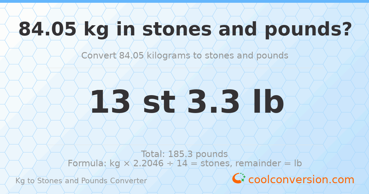 84.05 kg to stones and pounds — 84.05 kg = 13 st 3.30 lb