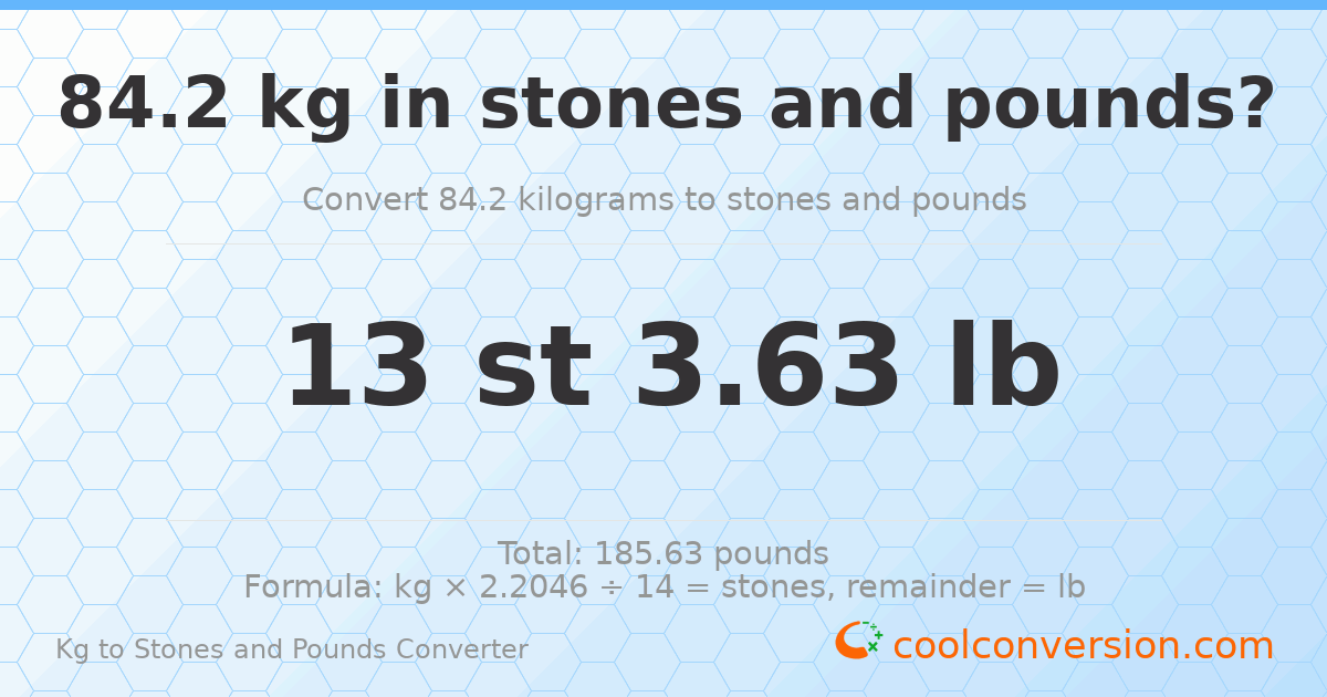 84.2 kg to stones and pounds — 84.2 kg = 13 st 3.63 lb
