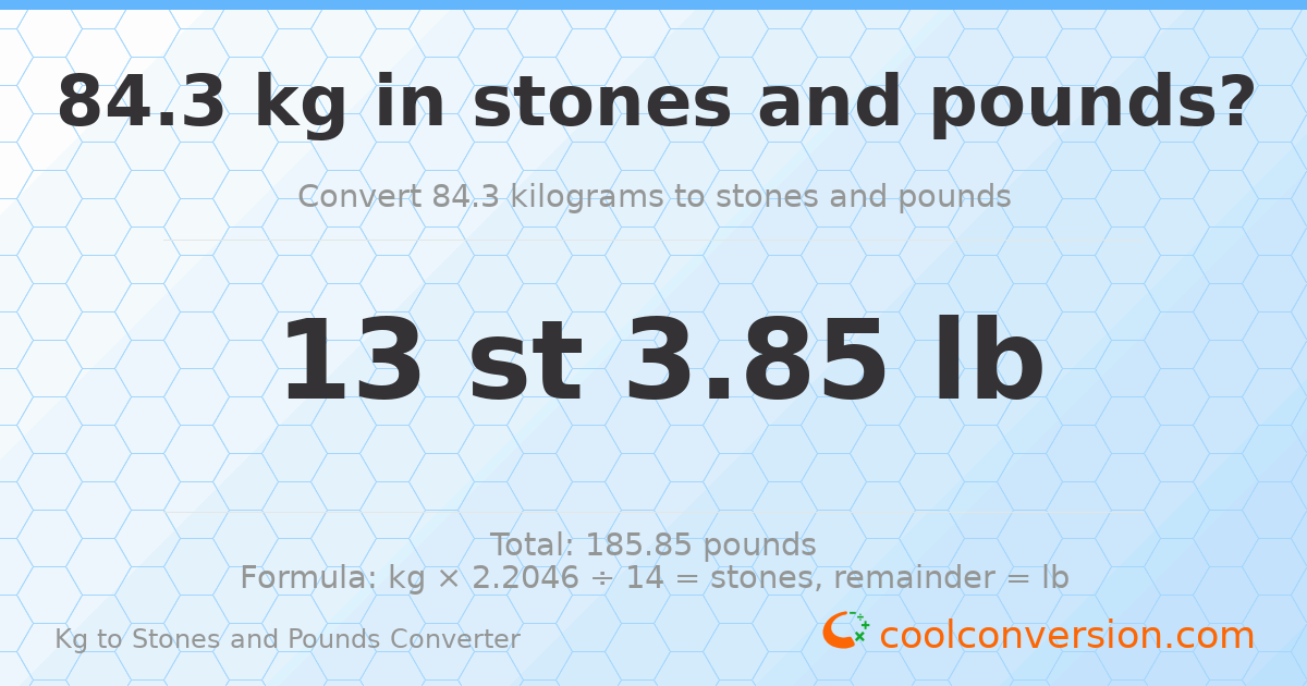 84.30 kg to stones and pounds — 84.30 kg = 13 st 3.85 lb