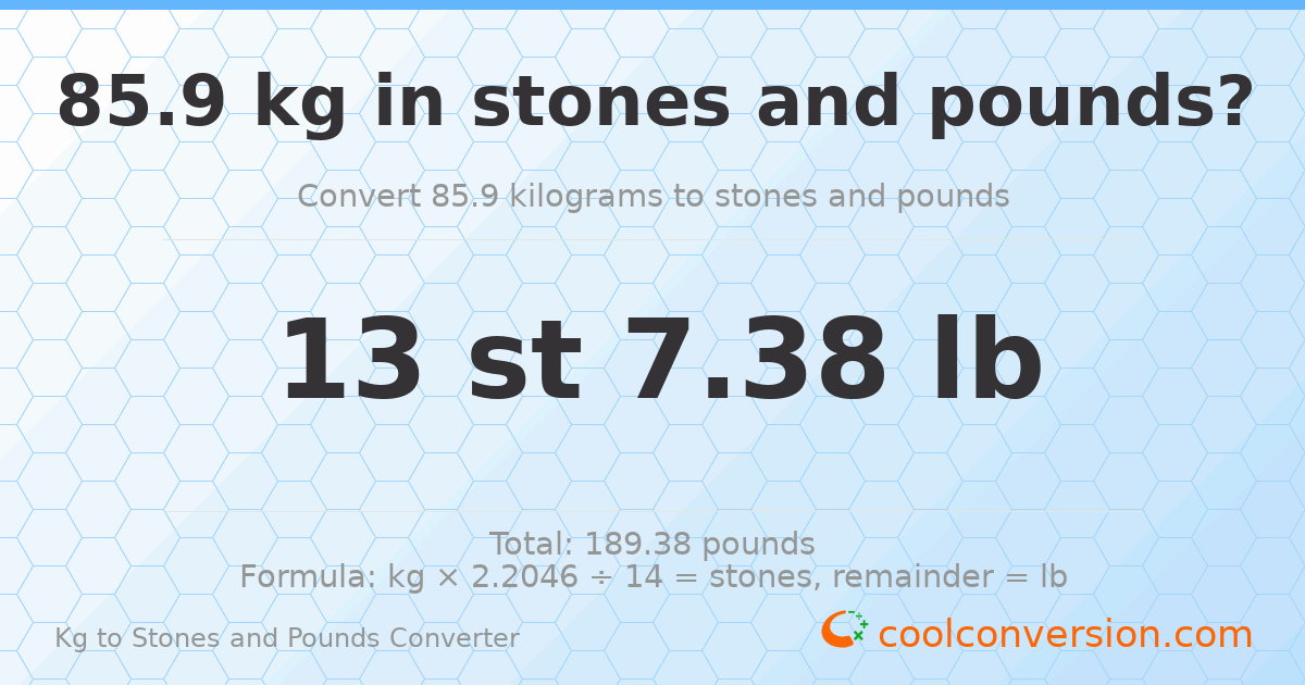 85.90 kg to stones and pounds — 85.90 kg = 13 st 7.38 lb