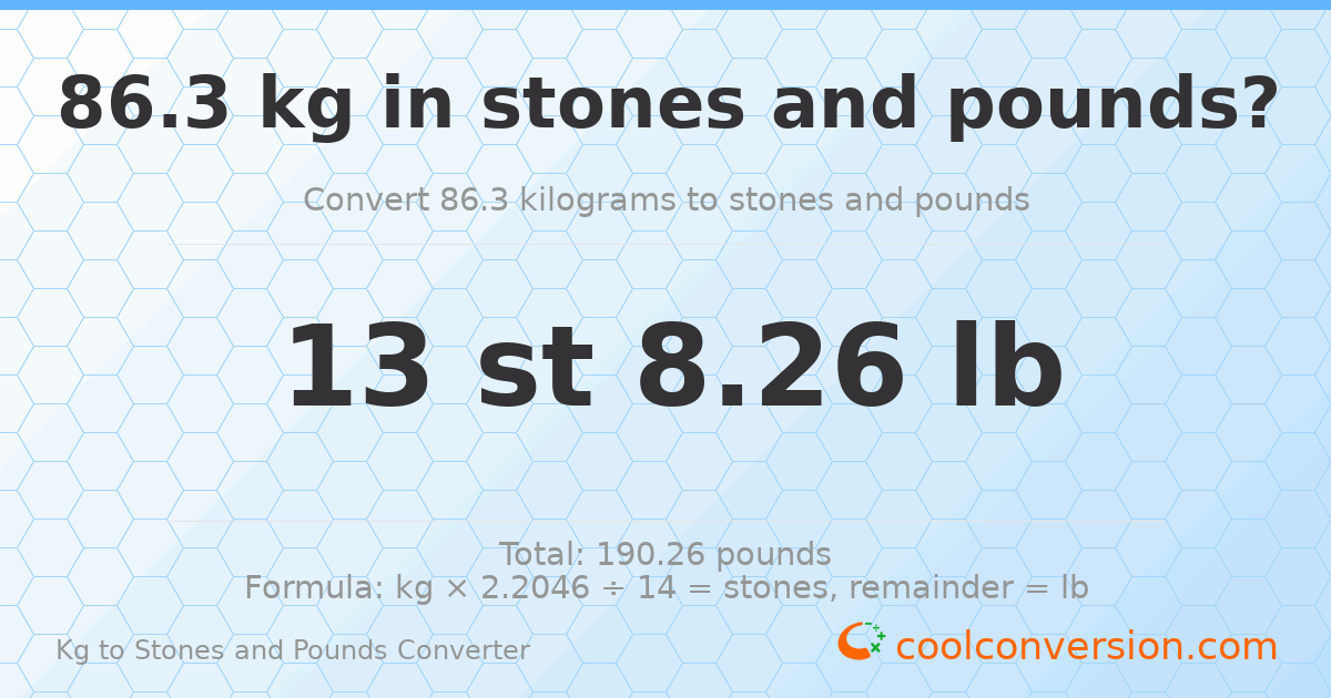 86.30 kg to stones and pounds — 86.30 kg = 13 st 8.26 lb