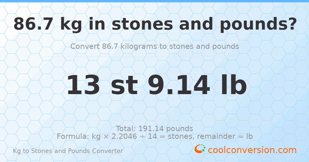 86.70 kg to stones and pounds — 86.70 kg = 13 st 9.14 lb