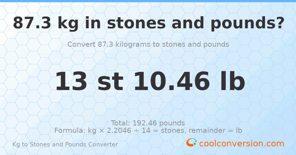 87.3 kg to stones and pounds — 87.3 kg = 13 st 10.46 lb