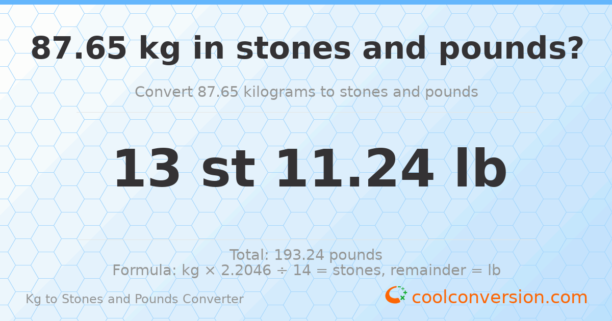 87.65 kg to stones and pounds — 87.65 kg = 13 st 11.24 lb