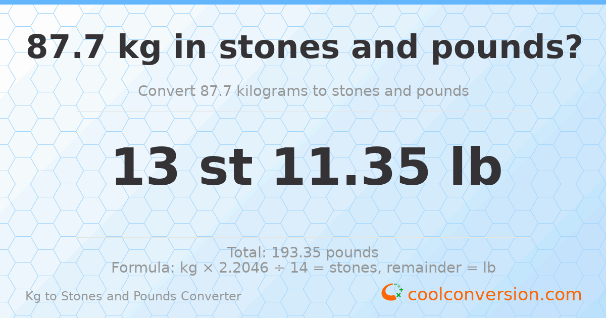 87.70 kg to stones and pounds — 87.70 kg = 13 st 11.35 lb