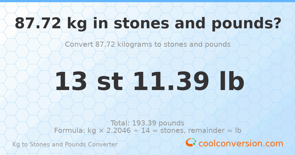 87.72 kg to stones and pounds — 87.72 kg = 13 st 11.39 lb
