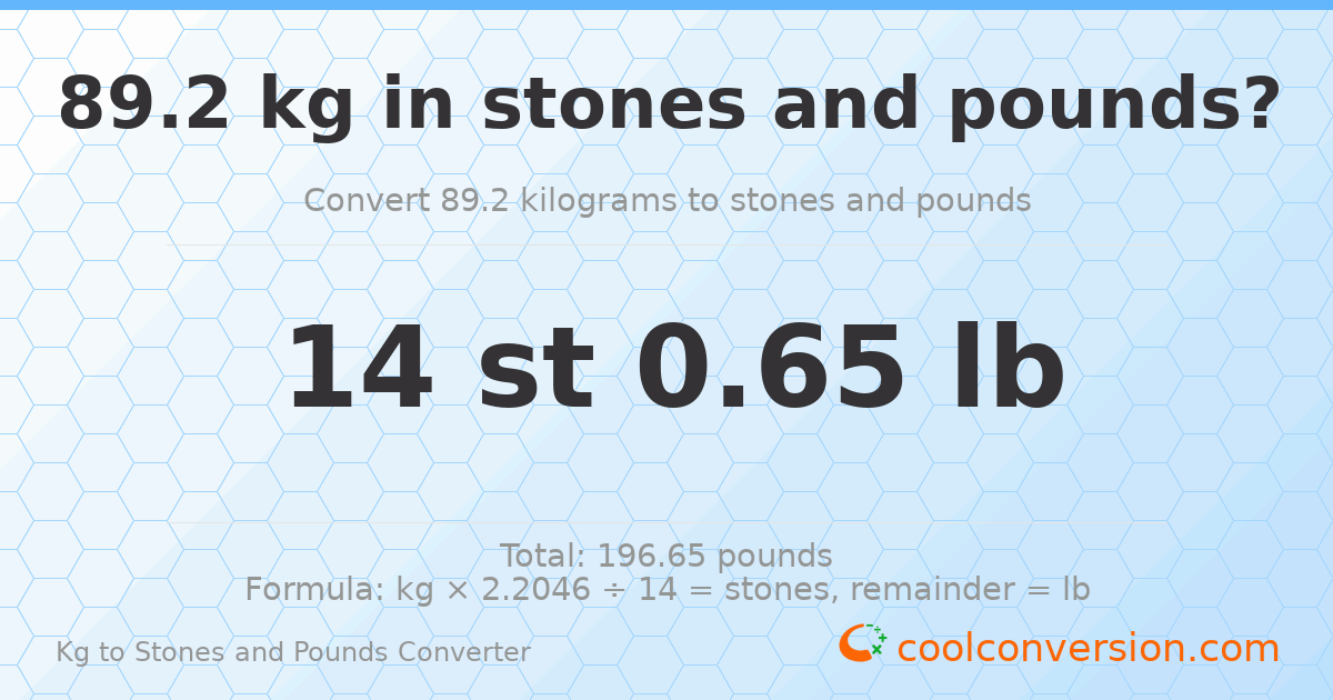 89.20 kg to stones and pounds — 89.20 kg = 14 st 0.65 lb