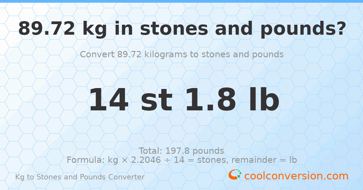 89.72 kg to stones and pounds — 89.72 kg = 14 st 1.80 lb