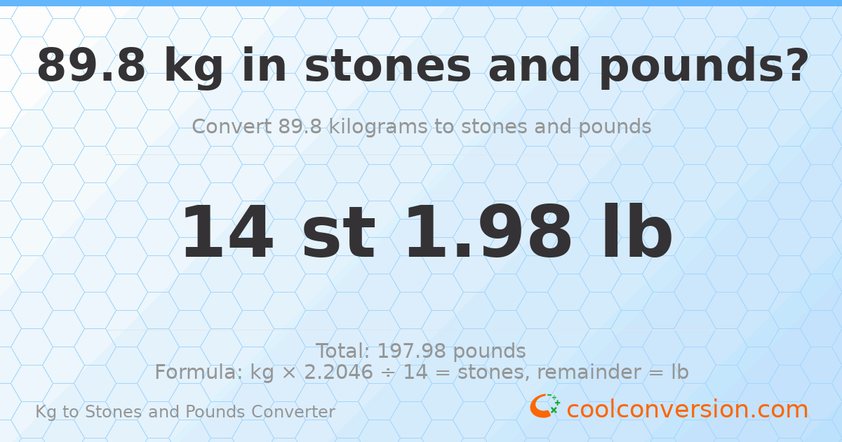 89.80 kg to stones and pounds — 89.80 kg = 14 st 1.98 lb