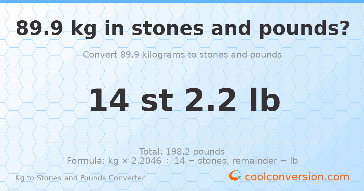 89.9 kg to stones and pounds — 89.9 kg = 14 st 2.20 lb