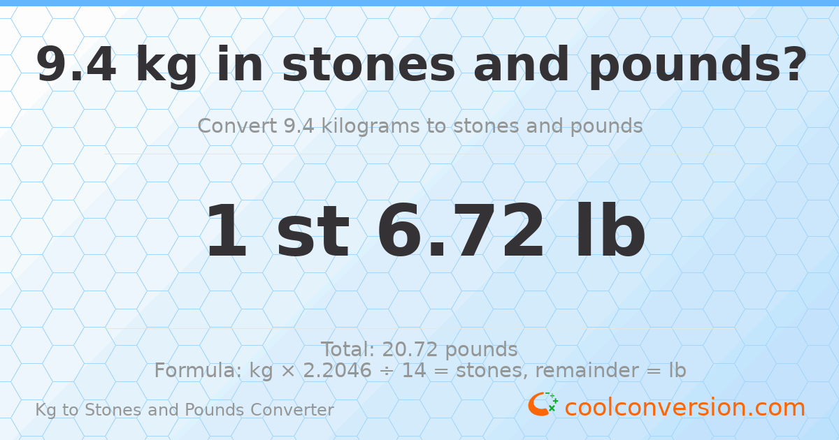 9.4 kg to stones and pounds — 9.4 kg = 1 st 6.72 lb