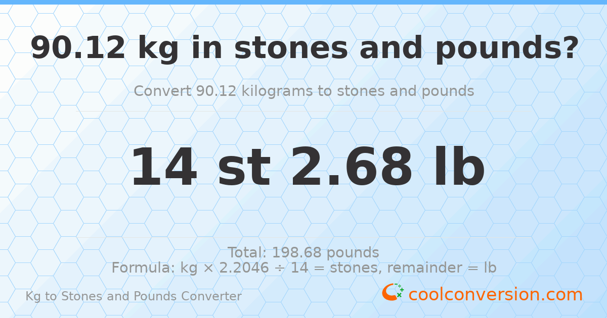 90.12 kg to stones and pounds — 90.12 kg = 14 st 2.68 lb