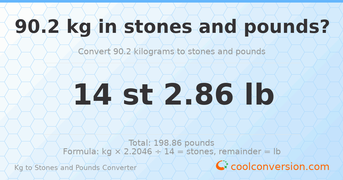 90.20 kg to stones and pounds — 90.20 kg = 14 st 2.86 lb