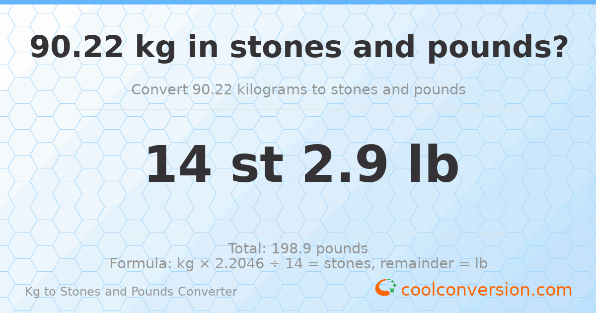 90.22 kg to stones and pounds — 90.22 kg = 14 st 2.90 lb