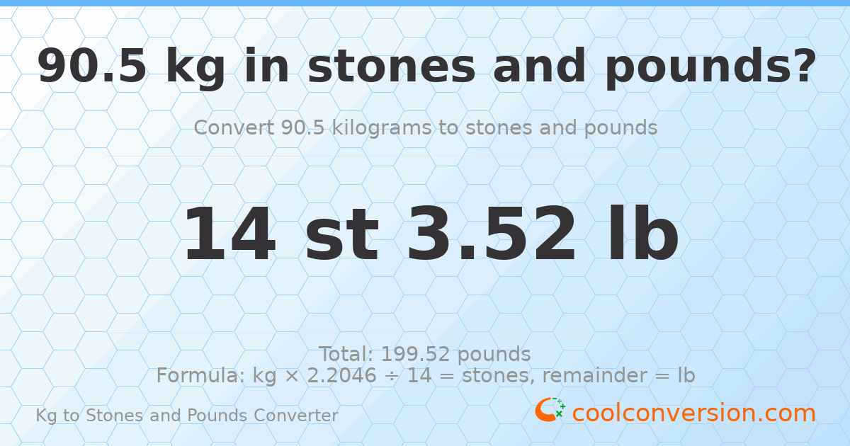 90.5 kg to stones and pounds — 90.5 kg = 14 st 3.52 lb