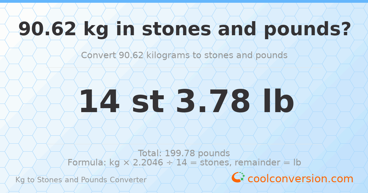90.62 kg to stones and pounds — 90.62 kg = 14 st 3.78 lb