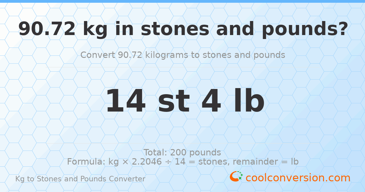 90.72 kg to stones and pounds — 90.72 kg = 14 st 4.00 lb