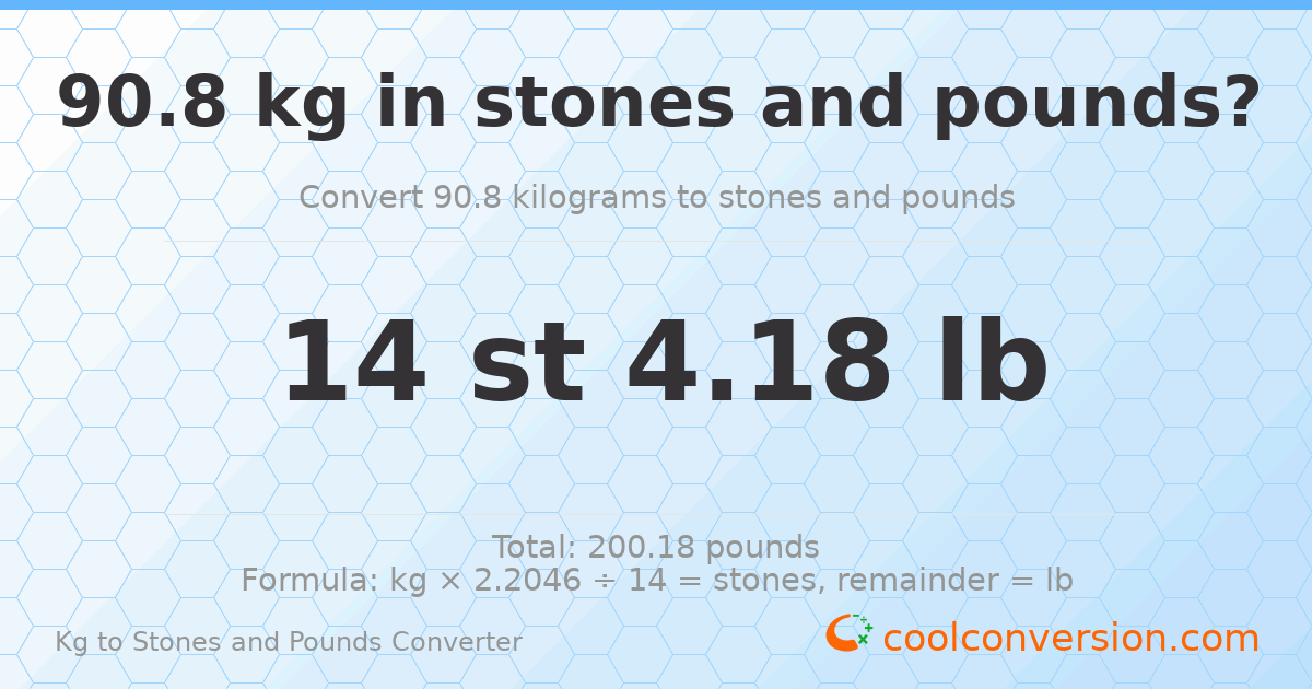 90.80 kg to stones and pounds — 90.80 kg = 14 st 4.18 lb