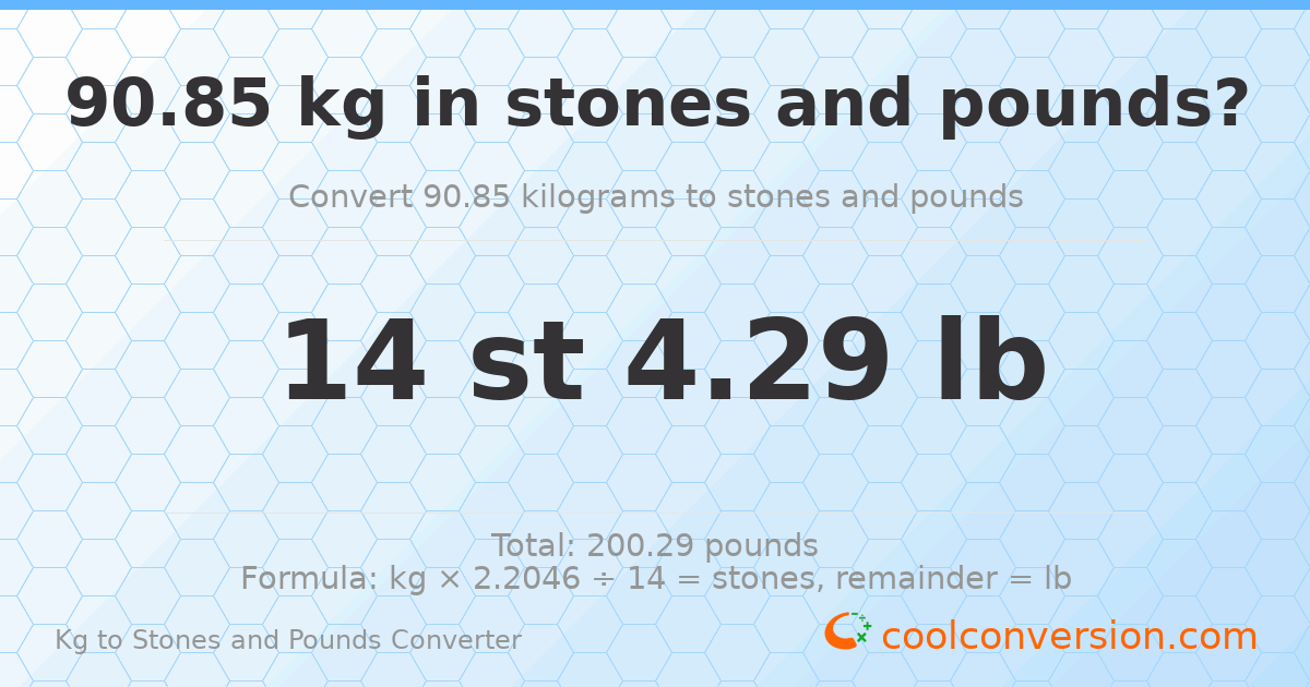 90.85 kg to stones and pounds — 90.85 kg = 14 st 4.29 lb