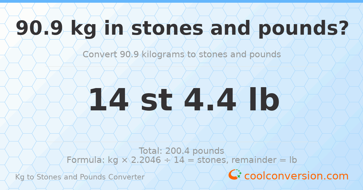 90.90 kg to stones and pounds — 90.90 kg = 14 st 4.40 lb