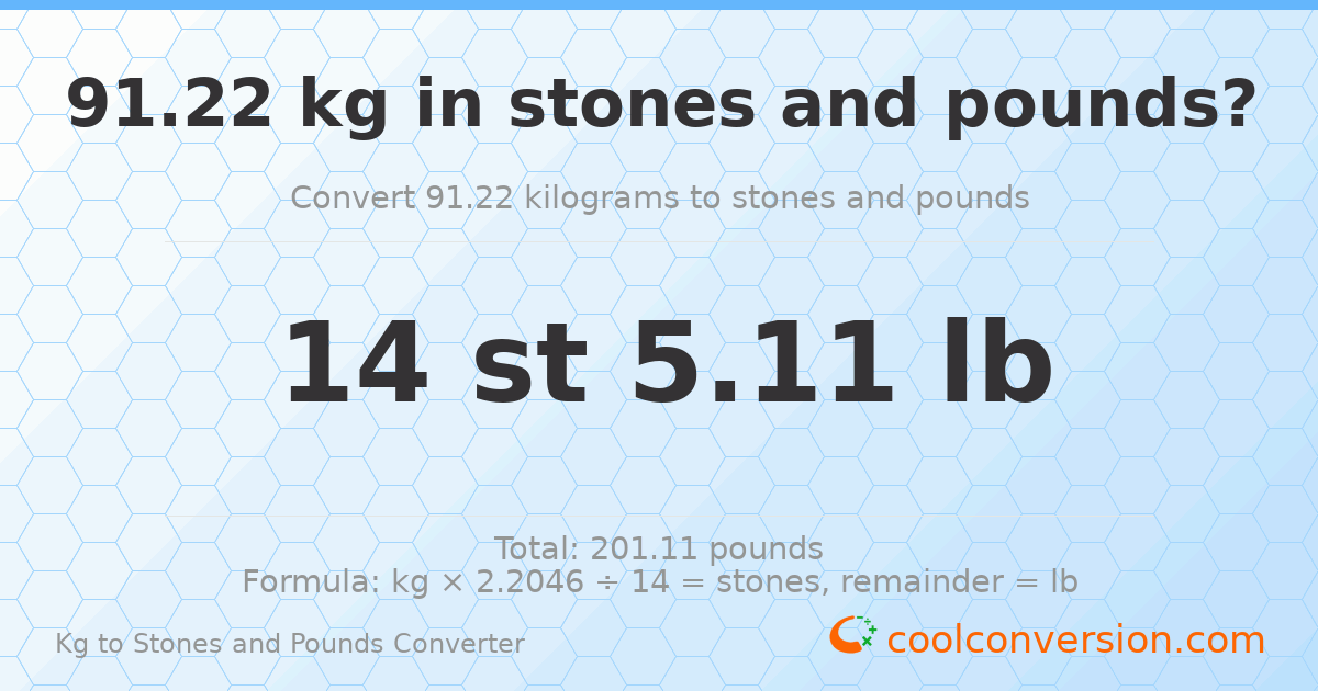 91.22 kg to stones and pounds — 91.22 kg = 14 st 5.11 lb
