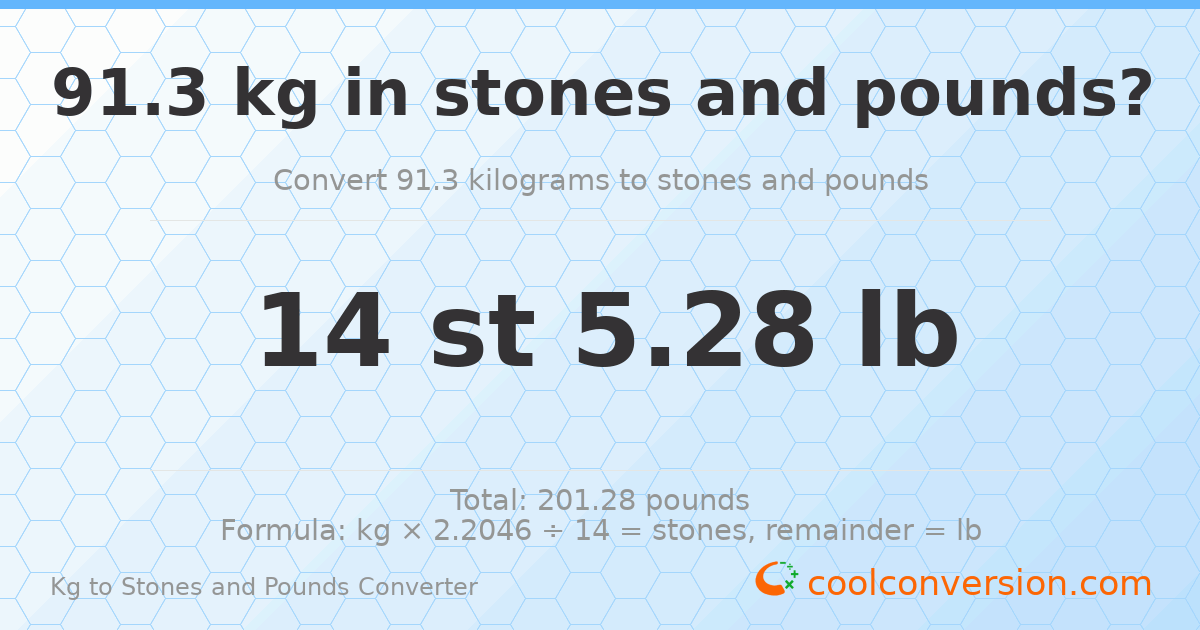 91.3 kg to stones and pounds — 91.3 kg = 14 st 5.28 lb